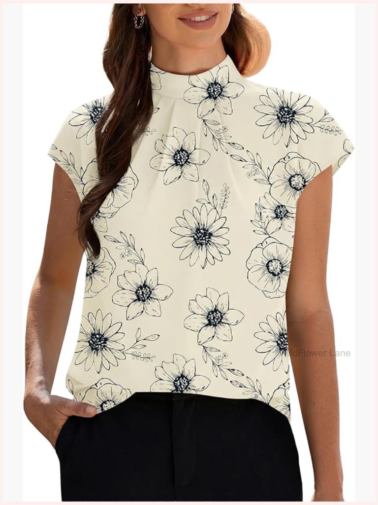 Womens Mock Neck Short Cap Sleeve Blouse Business Casual Tunic